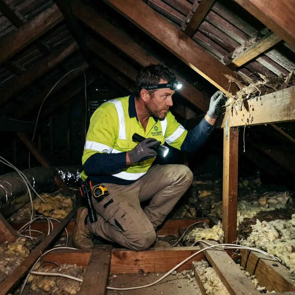 Technician inspecting a roof cavity for a dead animal in Mernda