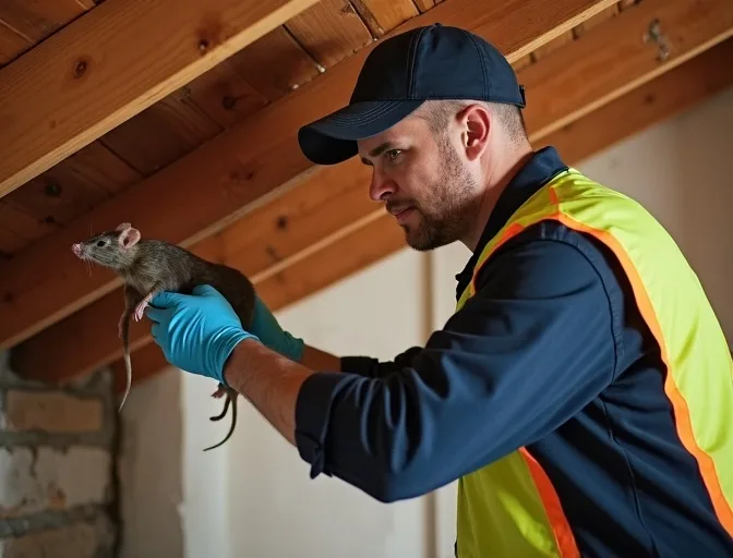 Technician inspecting a roof cavity for a dead rat in Mernda